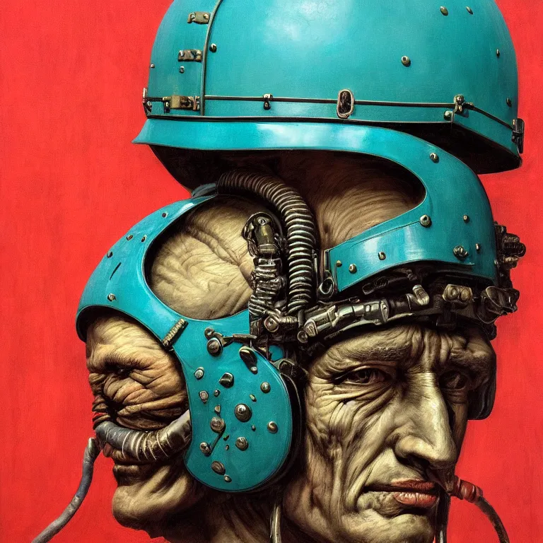 Prompt: hyperrealistic detailed portrait of a military brutal character in ornate fighter pilot helmet $ $ $, in background turquoise plastic bag, rich deep colors, ultra detail, by francis bacon, james ginn, petra courtright, jenny saville, gerhard richter, zdzisaw beksinski, takato yamamoto. masterpiece, elegant fashion studio ighting, 3 5 mm