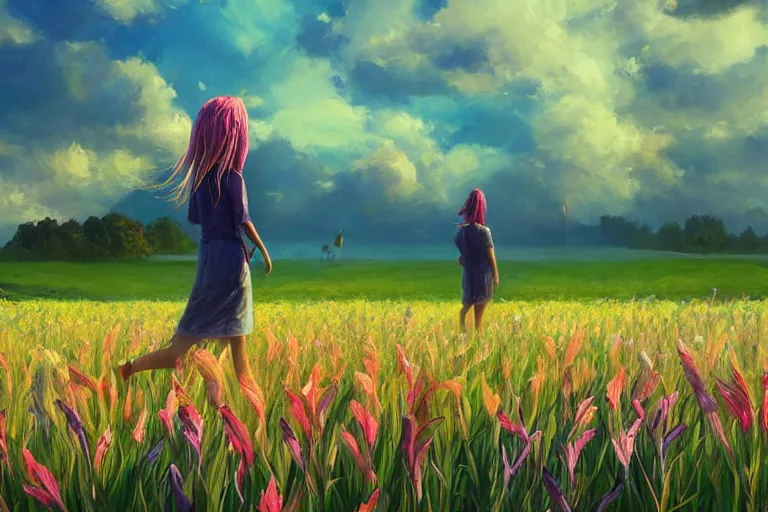 Image similar to giant gladiola head, girl walking in field of flowers, surreal photography, sunrise, blue sky, dramatic light, impressionist painting, digital painting, artstation, simon stalenhag