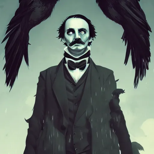 Prompt: Edgar Allan Poe as The Raven, a haunting being that is part man and part bird, ambient lighting, 4k, anime key visual, lois van baarle, ilya kuvshinov, rossdraws, artstation