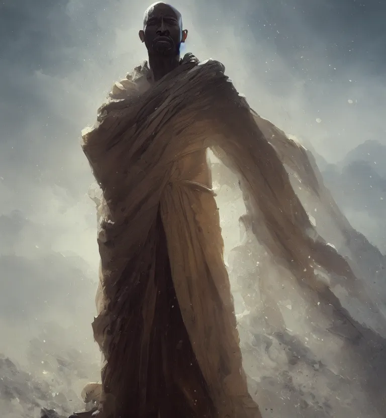 Image similar to painting of a bald tall dark - skinned man wearing a flowing robe overlooking the earth, nature, eyes closed, greg rutkowski, ruan jia, trending on artstation, detailed digital art