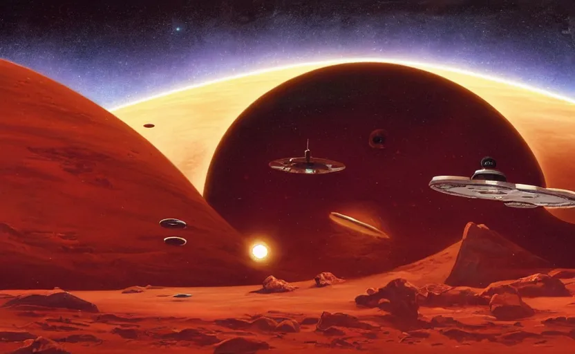 Image similar to a star trek ship in front of a red planet, a detailed matte painting by ralph mcquarrie, featured on cgsociety, space art, reimagined by industrial light and magic, concept art, sci - fi