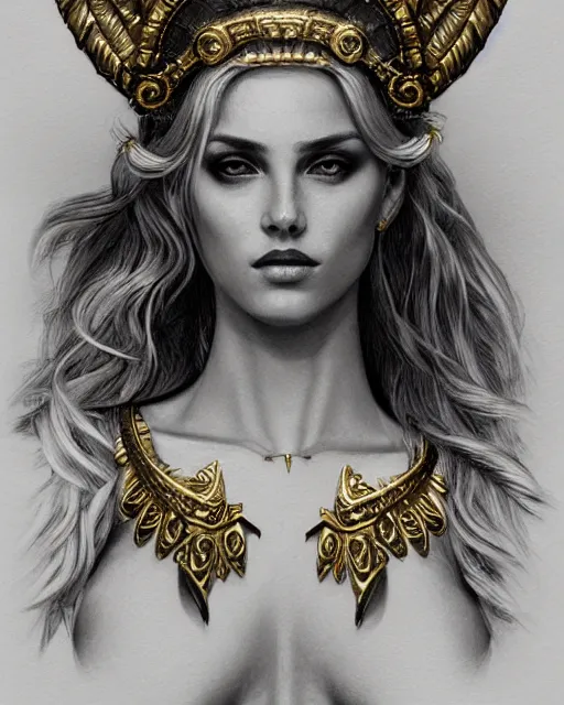 Image similar to tattoo sketch of blonde super model aphrodite greek goddess wearing a gold laurel wreath and triangle earrings, beautiful piercing gaze with sharp pupils, in the style of greg rutkowski, fantasy, amazing detail, epic, elegant, smooth, sharp focus, front view