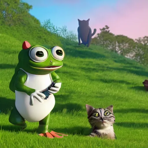 Image similar to a wholesome animation key shot of pepe the frog and a cat playing on a hill, medium shot, studio ghibli, pixar and disney animation, sharp, rendered in unreal engine 5, anime key art by greg rutkowski, bloom, dramatic lighting