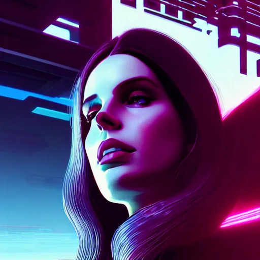 Image similar to portrait of lana del rey as a cyborg. intricate abstract. intricate artwork cyberpunk by tooth wu, wlop, beeple, dan mumford. octane render, trending on artstation, greg rutkowski ruan jia, cinematic, hyper realism, unreal 4, high detail, octane render, 8 k, key art, iridescent accents