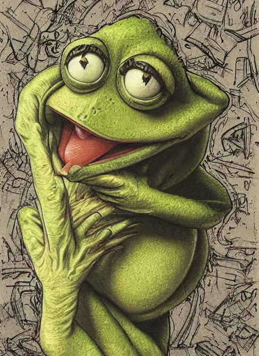 Image similar to portrait of Kermit the frog from The Exorcist (1973), intricate, highly detailed, centered, digital painting, artstation, concept art, smooth, sharp focus, decayed, illustration, artgerm, donato giancola, Joseph Christian Leyendecker, WLOP, Artgerm