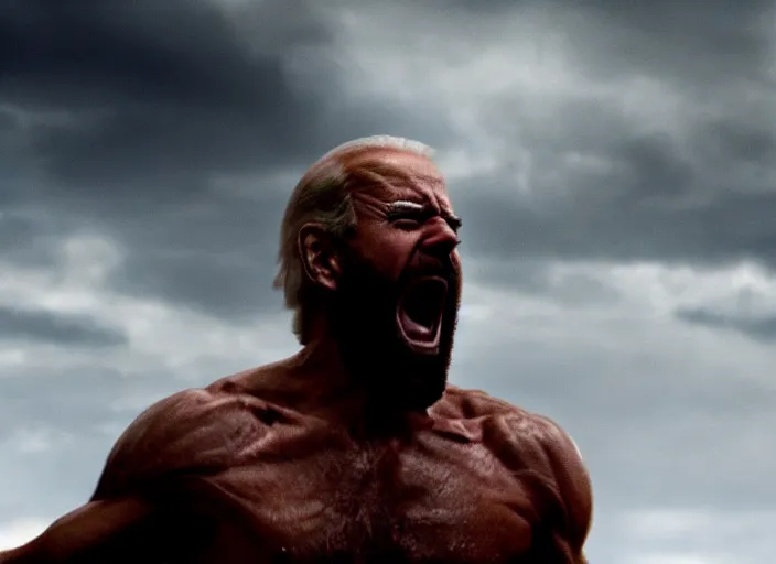 Image similar to cinematic film still of joe biden as leonidas shouting in 3 0 0 movie, 8 k, epic moody sky, dramatic lighting