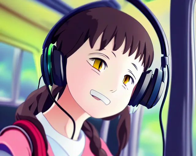 Image similar to anime fine details portrait of joyful girl in headphones in school bus, bokeh. anime masterpiece by Studio Ghibli. 8k render, sharp high quality anime illustration in style of Ghibli, artstation