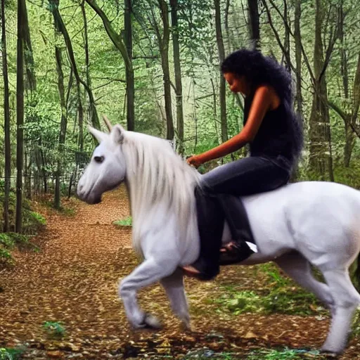 Image similar to security footage of a teenager with black curly hair on the woods riding a unicorn