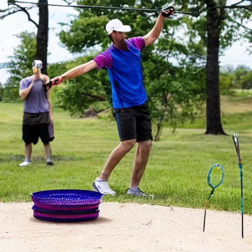 Image similar to a man playing discgolf putting frisbees in pdga innova basket in the style of a baroque painting