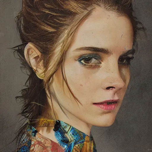 Image similar to Very funny Emma Watson looking like an old monkey, colorful painting on grey scale face, powerful , magic, thunders, dramatic lighting, intricate, wild, highly detailed, digital painting, artstation, concept art, smooth, sharp focus, illustration, art by artgerm and greg rutkowski and alphonse mucha, footage