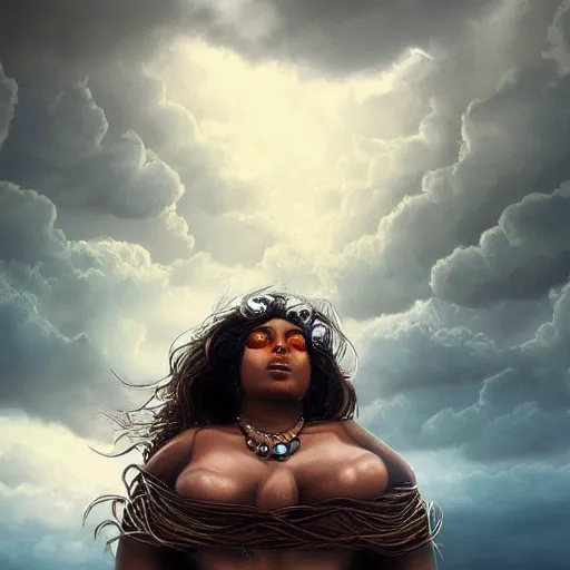 Image similar to a colossal goddess is watching us from above, creative, brown skin, giant, digital art, highly detailed, photo manipulation, dark clouds, covered in clouds, covered by clouds, dark gray hair, digital painting, artstation