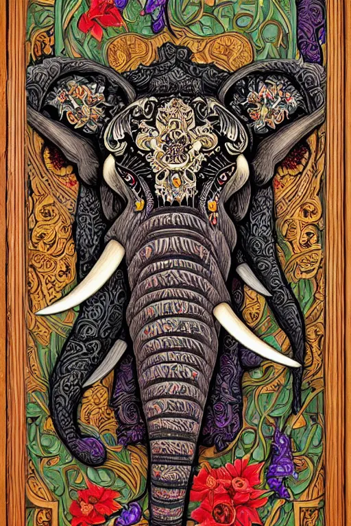 Image similar to Painted dark-wood panel relief carving of a close up of a Flowerpunk Matriarch Elephant, ornate border frame, explosion of colorful flowers, dark wood, intricately carved, black ink, festival of rich colors, intricate details, cinematic lighting, volumetric lighting, post-processing, art nouveau, tarot, fractal art, mandala, by andreas rocha and john howe, and Martin Johnson Heade, featured on artstation, featured on behance, golden ratio, hyper detailed, photorealistic, epic composition, center spotlight, f32, well composed, symmetrical, UE5, 8k