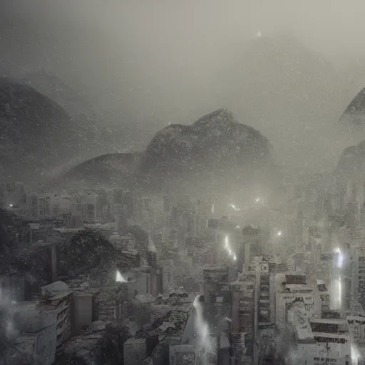 Prompt: rio de janeiro, pao de acucar's view,, city snowing with a lot of snow, digital painting, artstation, concept art, craig mullins, breathtaking, 8 k resolution, extremely detailed, beautiful, establishing shot, artistic, hyperrealistic, octane render, cinematic lighting, dramatic lighting, masterpiece, light brazen, extremely detailed and beautiful face