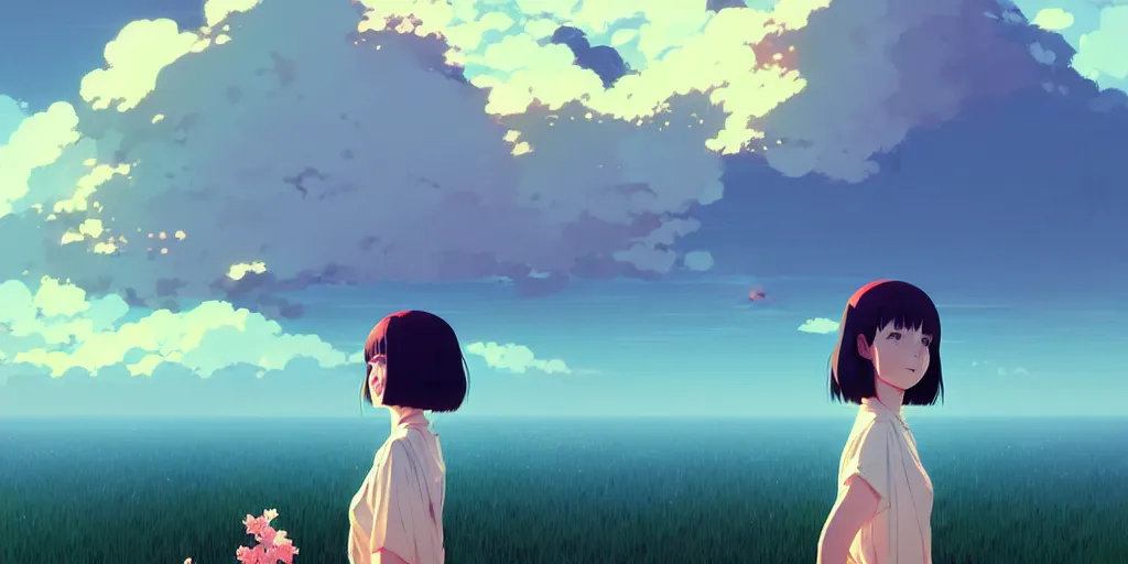 Image similar to portrait of a smiling girl by ilya kuvshinov, cloudy sky background lush landscape ln illustration concept art anime key visual trending pixiv by victo ngai fanbox by greg rutkowski makoto shinkai takashi takeuchi studio ghibli