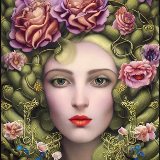 Image similar to dynamic composition, blonde woman with hair of spring flowers and vines wearing ornate earrings, ornate gilded details, pastel colors, a surrealist painting by tom bagshaw and jacek yerga and tamara de lempicka and jesse king, wiccan, pre - raphaelite, featured on cgsociety, pop surrealism, surrealist, dramatic lighting