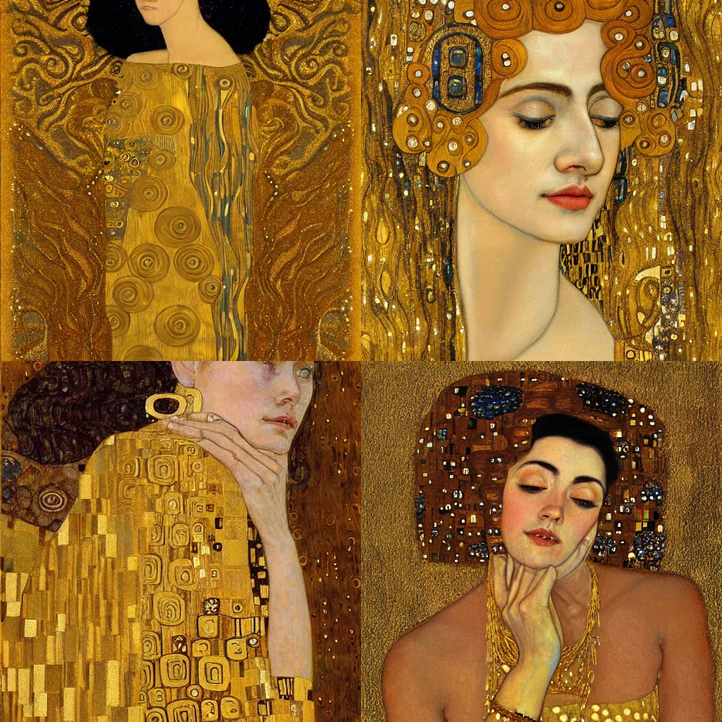 Prompt: detailed face of a woman wearing a gold dress in the style of Gustav Klimt Wasserschlangen II