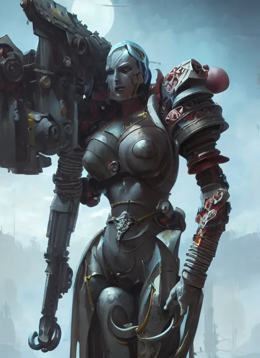 Image similar to hyper realistic heroic warhammer machine android girl, cinematic, chaos marine, artstation, cgsociety, full body greg rutkowski, james gurney, mignola, craig mullins, brom redshift, vray, octane