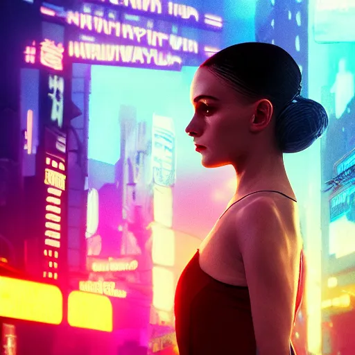 Image similar to professional photo of ballerina on cyberpunk street, synthwave, blade runner 2 0 4 9, hyperrealistic masterpiece, trending on artstation, cgsociety, kodakchrome, golden ratio, cinematic, composition, beautiful lighting, hyper detailed, sharp focus, octane render, 4 k, unreal engine