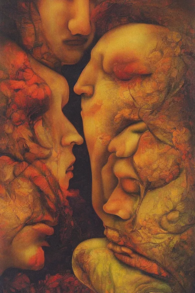 Image similar to extreme closeup floral portrait of a single man and woman by wojciech siudmak and ernst fuchs, oil on canvas