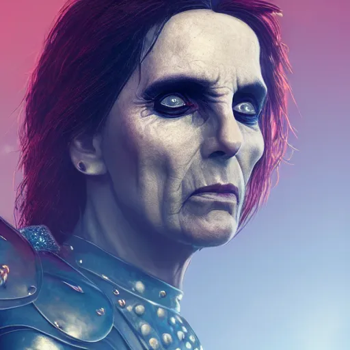 Image similar to stunning headshot of Alice Cooper, with smooth and streamlined armor, standing and posing elegantly, well detailed face, beautiful digital art, artstation, DeviantArt, FurAffinity, professional, depth of field, close-up, hd, octane render, sunset lighting