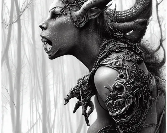 Prompt: 5 5 mm portrait photo of an armored gorgeous anesthetic redhead woman warrior with a face tattoo and horns growing from her head and a gargoyle sitting on her shoulder, in a magical forest in the style of luis royo. art by greg rutkowski. highly detailed 8 k. intricate. lifelike. soft light. nikon d 8 5 0.