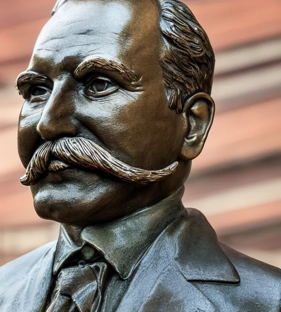 Prompt: a 4 k photorealistic photo medium shot of a bronze statue of a middle aged man with a moustache.