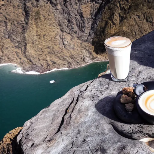 Image similar to a latte on a rock, at the edge of a cliff, with magma surrounding