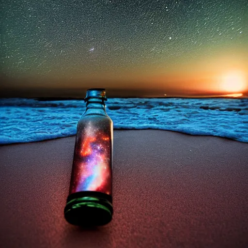 Image similar to a photo of a galaxy in a water bottle on the beach, sunset, award winning photography, 8k