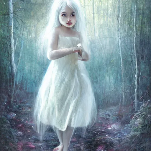 Prompt: a painting of a beautiful little girl in a white dress, white hair, bare foot, in the middle of a strange forest by Seb McKinnon