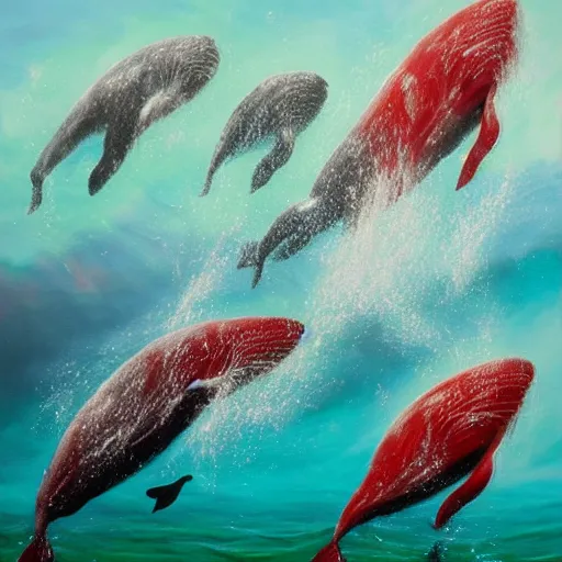 Image similar to whales underwater with scattered rubies, emeralds and topaz, oil painting