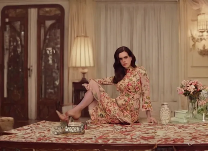 Image similar to Movie still of Lana del Rey wearing Kebaya sitting on a table, directed by Wes Anderson