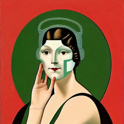 Image similar to Art in the style of Coles Phillips, Gaia, Mother Earth, side portrait, mask inside mask