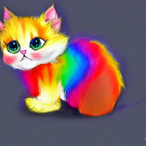 Image similar to wide angle full body, of a fluffy cute rainbow kitten wearing a black motorcycle jacket, concept art