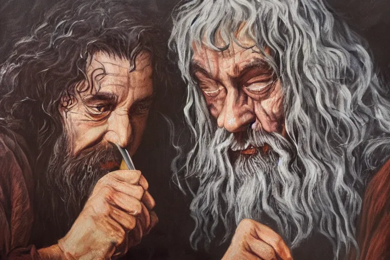 Image similar to gandalf and hobbit frodo painted in the style of francis bacon, expressionist, 4 k, realistic