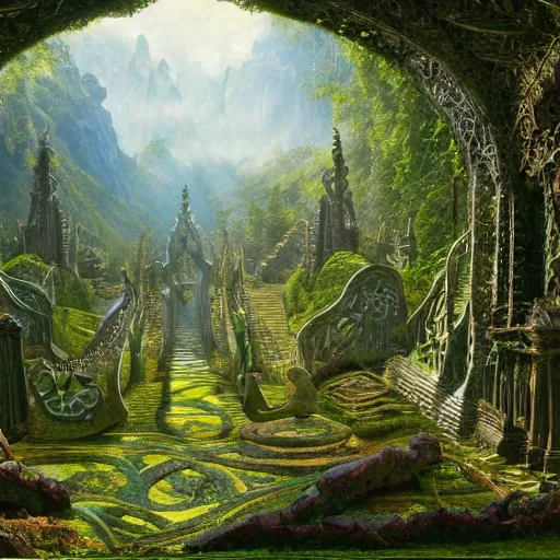 Image similar to a beautiful and highly detailed matte painting of an elven temple in a magical fantasy garden in a lush forest in the mystical mountains, celtic knots, carved runes, intricate details, epic scale, insanely complex, 8 k, sharp focus, hyperrealism, very realistic, by caspar friedrich, albert bierstadt, james gurney, brian froud,