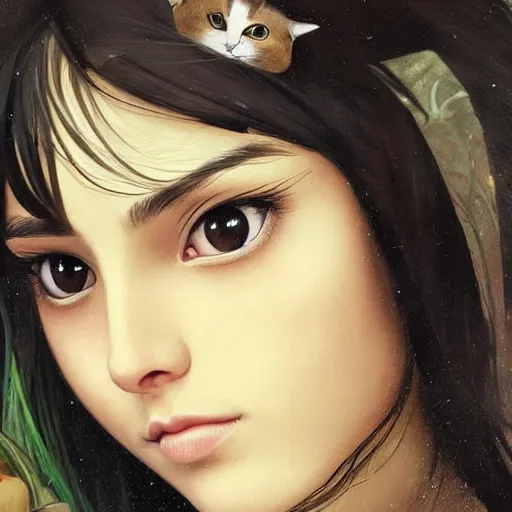 Prompt: cute emo mexican girl and her cat, with long dark hair, thick eyebrows!!! deep dark big shiny eyes and dark circles!, wide nose!!!, oval face shape, big cheeks! by juan villafuerte, greg rutkowski and alphonse mucha, pexels contest winner, high quality photo, rtx, hd