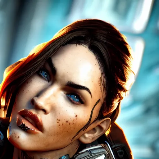 Prompt: megan fox portrait, borderlands, tales from the borderlands cinematic lighting, studio quality, 8 k