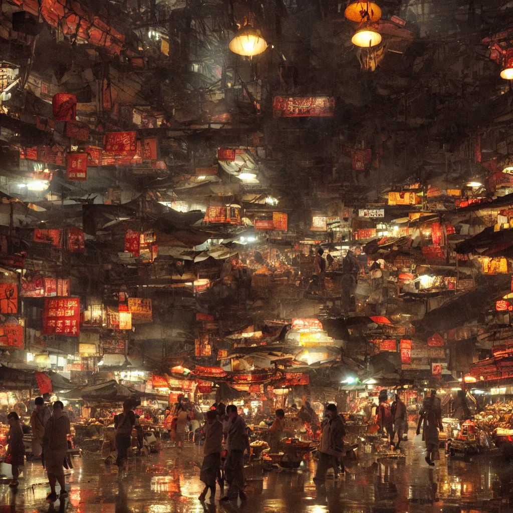 Image similar to an asian wet market at night, by greg rutkowski, cinematic lighting