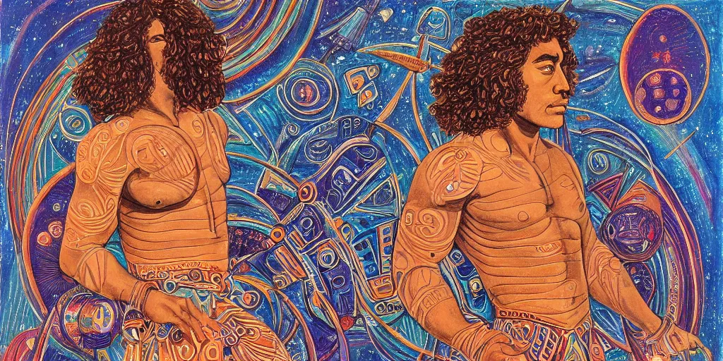 Image similar to an abstract space station background, a polynesian greek god dancing, clear eyes. 2 4 mm, photorealistic, muted color scheme, directed by mati klarwein