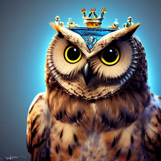 Image similar to cute owl, charactor, with big blue eyes, with a crown on his head, magical, warrior, portrait, hyper detailed, stylistic, symmetrical, 3 d render, photorealitic, 8 k, octane render