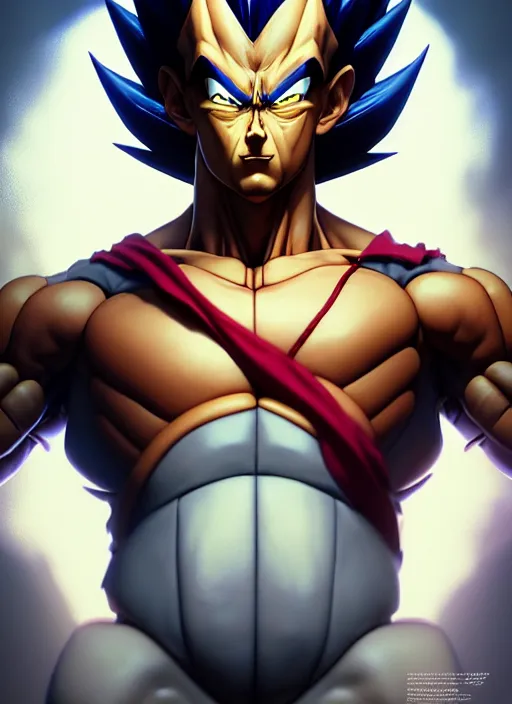 Image similar to by greg rutkowski, symmetry, concept art by artgerm, distance render portrait of a hyper realistic prince vegeta, intense, epic, ssj, alphonse mucha, octane render, highly detailed, high quality, 8 k, soft lighting, path traced, and uang guangjian and gil elvgren, symmetry!!