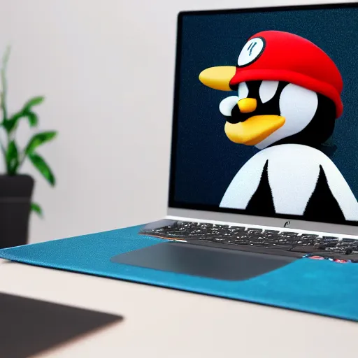 Image similar to penguin from linux with a luigi hat sits in front of a laptop, background is a room filled with anime posters, digital art, blender, 4 k