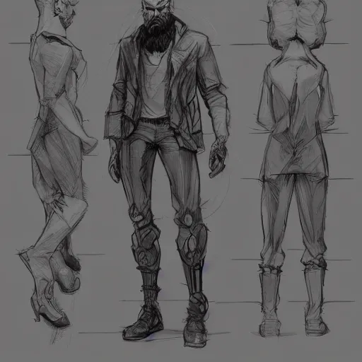 Image similar to character design sheet, concept art character, very high angle view, book cover, very attractive man with beard, walking in cyberpunk valley highly detailed full body, strong masculine features, sturdy body, command presence, royalty, smooth, sharp focus, organic, appealing, book cover, deep shadows, by Dave McKean sketch lineart for character design