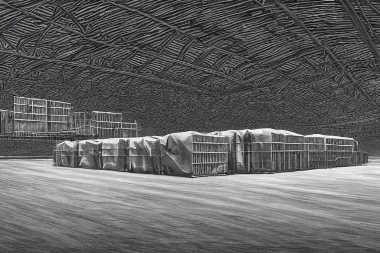 Image similar to very empty very dark cargo hall and large corridors of huge huge space ship containing rows of cages with strange animals ultra detailed photorealistic rendering chiaroscuro painting