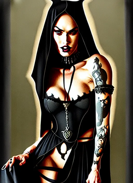 Image similar to megan fox witch queen, black eyes, blood, full body, intricate victorian dress, middle shot, cinematic lighting, studio quality, symmetrical eyes, caravaggio, artgerm, joshua middleton, rafael albuquerque, moody lighting, candles