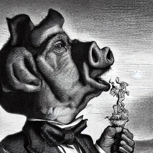 Image similar to closeup portrait of an evil pig in a tuxedo, dramatic lighting, farm background, moon, chiaroscuro, high detail, illustration by gustave dore