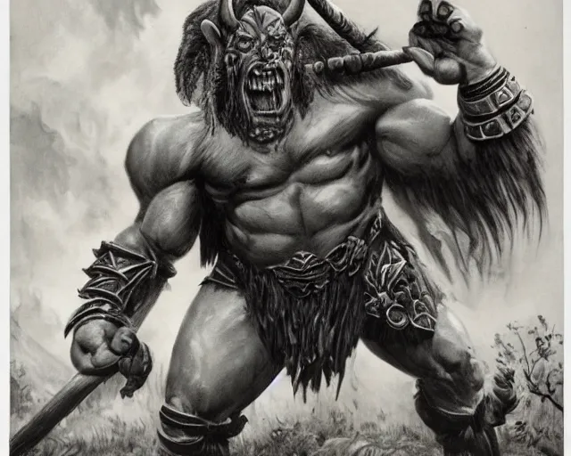 Image similar to vintage photograph of a real fantasy orc chieftain, tall, muscular, sharp fangs and tusks, big arms, big hands, big feet, armored, tribal paint, highly detailed