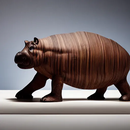 Prompt: a photo of a model hippo made of repurposed brown wood composite mixed with straight lines blue epoxy resin, dramatic lighting, studio zeiss 1 5 0 mm f 2. 8 hasselblad, award - winning photo