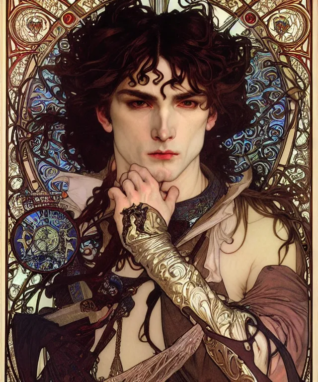 Prompt: realistic detailed face portrait of a handsome vampire prince in ornate leather armor by alphonse mucha, ayami kojima, amano, greg hildebrandt, and mark brooks, male, masculine, art nouveau, neo - gothic, gothic