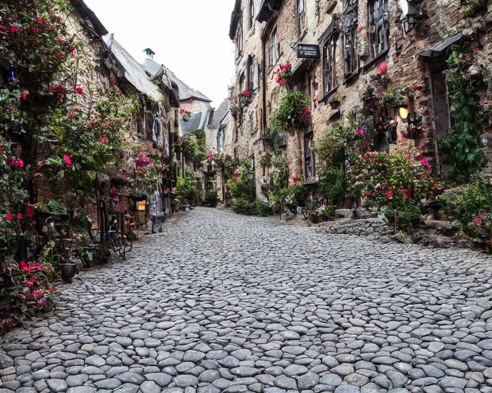 Image similar to cobblestone streets filled with fae, cobblestone, faerie, fanciful